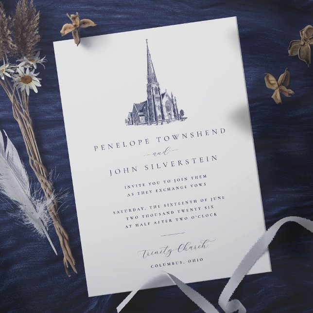 Elegante Vintage Kirche Einladung (Wedding invitation with beautiful vintage illustration of a church)