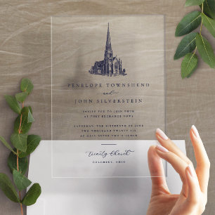 Elegante Vintage-Kirchen-Illustration Hochzeit Acryleinladungen