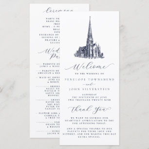 Elegante Vintage-Kirchenillustration Hochzeit Programm