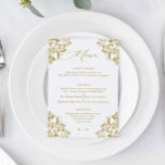 Elegante Vintage klassische Hochzeit Menükarte<br><div class="desc">Elegantes Gold Wedding Menu: Dieses luxuriöse Brautmenü ist perfekt für eine elegante,  klassische Hochzeit. Es zeichnet sich durch eine Vintage verzierte Grenze mit moderner und eleganter Kalligraphie aus. Hier finden Sie alle passenden Hochzeitsartikel aus Gold.</div>