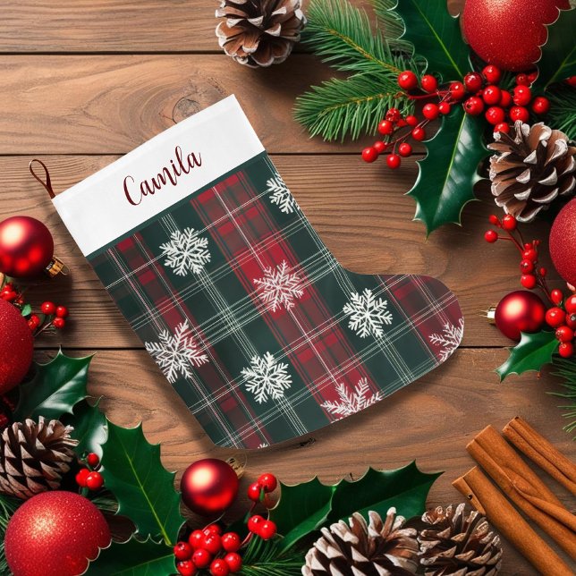 Elegante Vintage klassische karierte Schneeflocken Großer Weihnachtsstrumpf (Elegant Vintage Classic plaid Snowflakes Large Christmas Stocking)