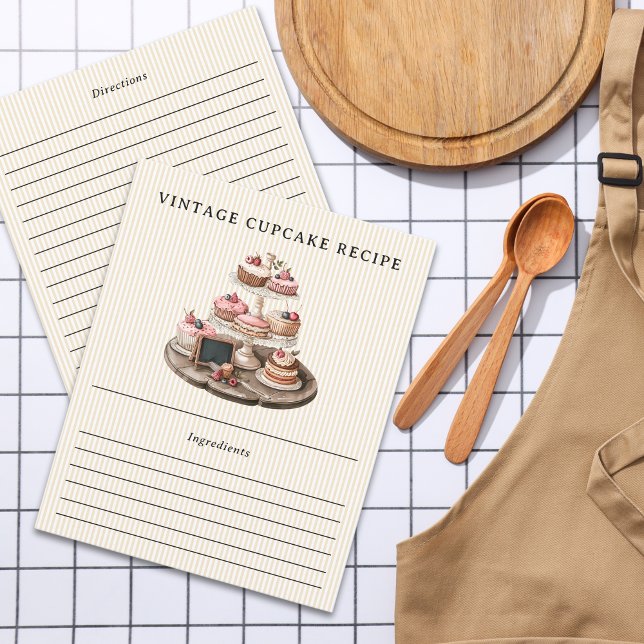 Elegante, Vintage Konditorei mit Streifen Rezept-K (Elegant Vintage Cupcake Pastry Striped Recipe Card)