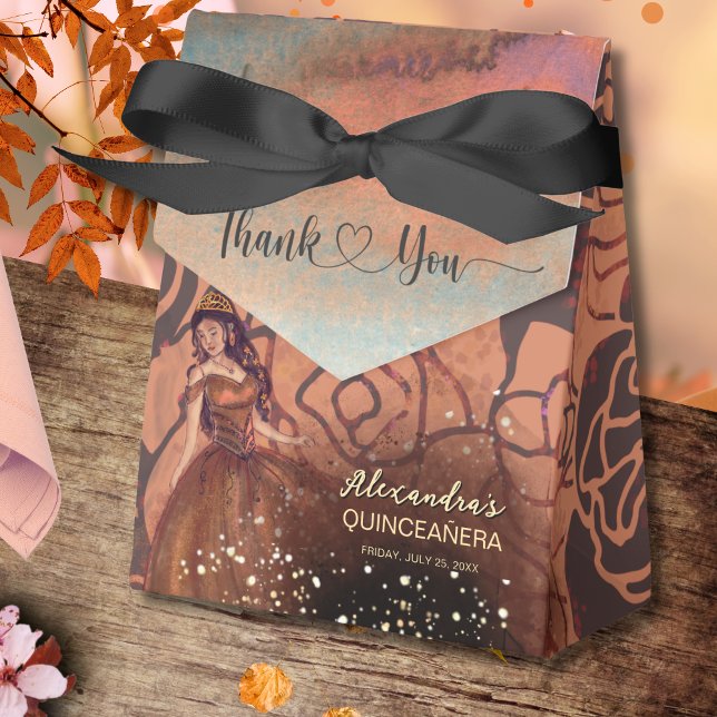 Elegante Vintage Kupfer-Rose Quinceañera Gefälligk Geschenkschachtel (Elegant Vintage Copper Rose Quinceañera Favor Box)