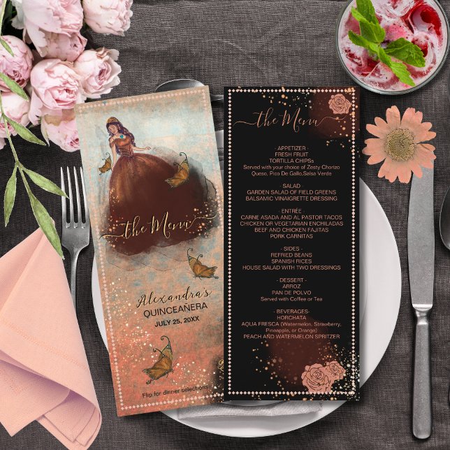 Elegante Vintage Kupfer-Rose Quinceañera Menükarte (Elegant Vintage Copper Rose Quinceañera Menu)