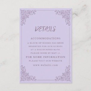 Elegante Vintage-Lavendel-Hochzeitsdetails in Lila Begleitkarte