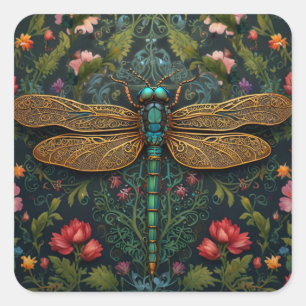 Elegante Vintage Libelle Boho Botanik Quadratischer Aufkleber