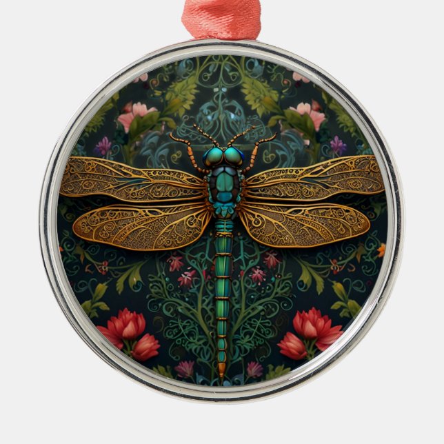Elegante Vintage-Libelle boho botanisch  Ornament Aus Metall (Vorne)