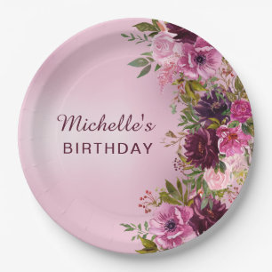 Elegante Vintage-Lila-Rosa-Blumenrosen Geburtstag Pappteller