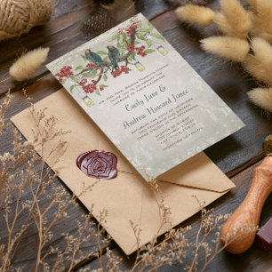 Elegante Vintage Lovebird Red Silver Wedding Einladung