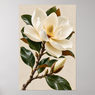 Elegante Vintage-Magnolie Botanische Wandkunst – W Poster