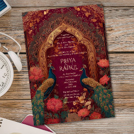 Elegante Vintage-Maroon-Gold-Pfau-Indische Hochzei Einladung