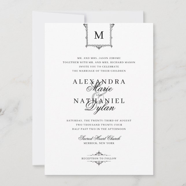 Elegante Vintage Monogram Black and White Wedding Einladung (Vorderseite)