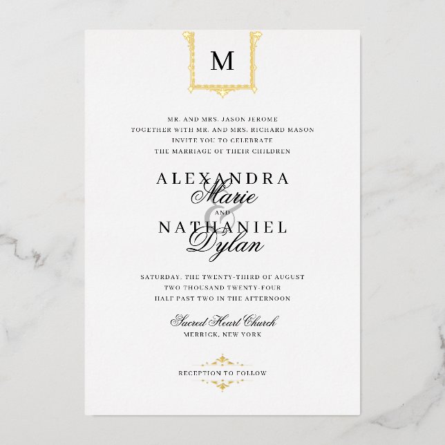 Elegante Vintage Monogram Black and White Wedding  Folieneinladung (Vorderseite)