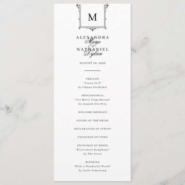 Elegante Vintage Monogram Black and White Wedding Programm (Vorderseite)