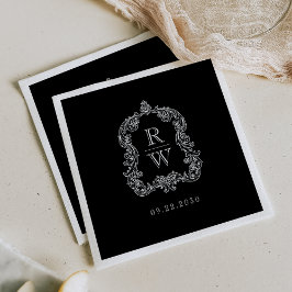 Elegante Vintage Monogram Crest Black White Weddin Serviette
