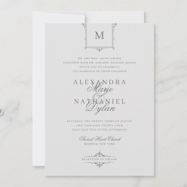 Elegante Vintage Monogram Gray and Black Wedding Einladung (Vorderseite)