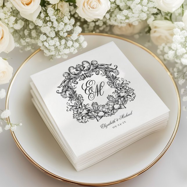 Elegante Vintage Monogram Wappen Script Hochzeit Serviette (Von Creator hochgeladen)