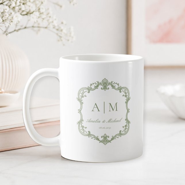 Elegante Vintage-Monogramm-Hochzeit Kaffeetasse (Elegant Sage Green White Vintage Monogram Wedding Coffee Mug)