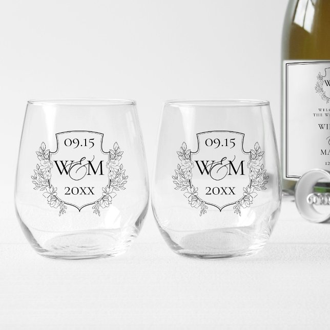 Elegante Vintage Monogramm-Hochzeit Weinglas Ohne Stiel (Elegant Vintage Monogram Wedding Stemless Wine Glass Set)
