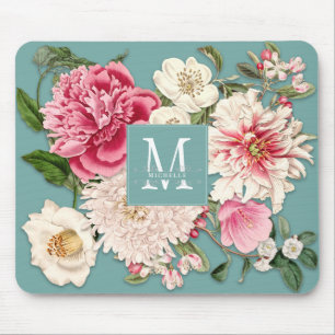 Elegante Vintage Monogramm-Wirbel Minze Blütensta Mousepad
