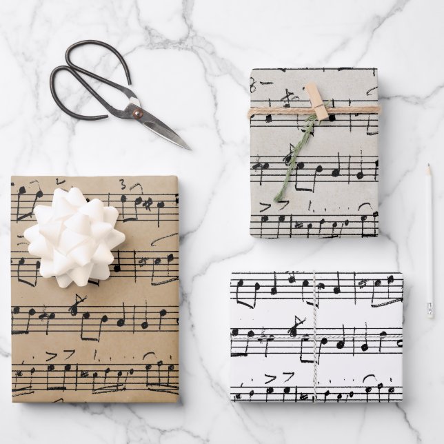 Elegante Vintage Musiknoten für Handschriftenblätt Geschenkpapier Set (Vorderseite)