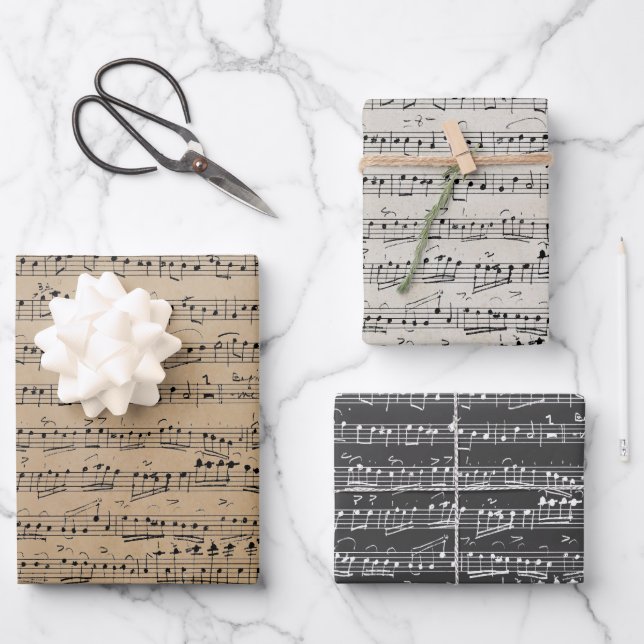 Elegante Vintage Musiknoten für Handschriftenblätt Geschenkpapier Set (Vorderseite)