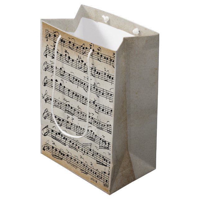 Elegante Vintage Musiknoten für Handschriftenblätt Mittlere Geschenktüte (Vorderseite Schrägansicht)