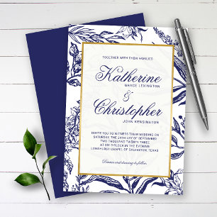 Elegante Vintage Navy Blau Gold Botanische Hochzei Einladung