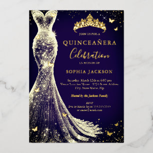 Elegante Vintage Navy Gold Schmetterling Quinceane Folieneinladung
