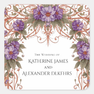 Elegante Vintage-Nouveau-Floral-Bogen-Hochzeit Quadratischer Aufkleber