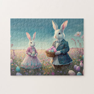 Elegante Vintage-Osterhasen beim Sammeln von Oster Puzzle