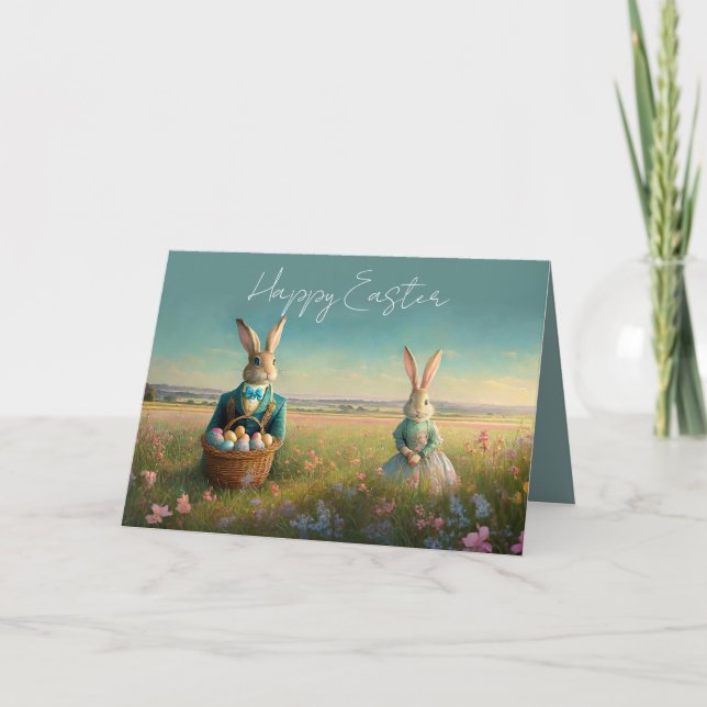 Elegante Vintage Ostersonnige Junge und Mädchen Karte (Vorderseite)