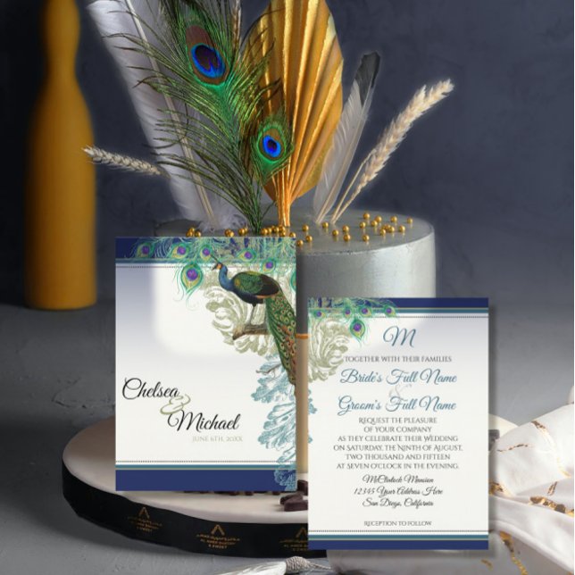 Elegante Vintage Peacock Feathers Navy Blue Weddin Einladung (Von Creator hochgeladen)