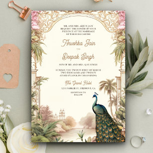 Elegante Vintage Peacock Garden Indian Wedding Einladung