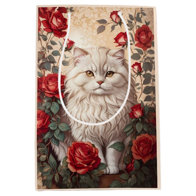 Elegante Vintage persische Katze mit Rose Mittlere Geschenktüte (Vorderseite)