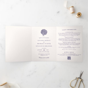 Elegante Vintage Pfau Mitternachtsblaue Hochzeit Dreifach Gefaltete Einladung