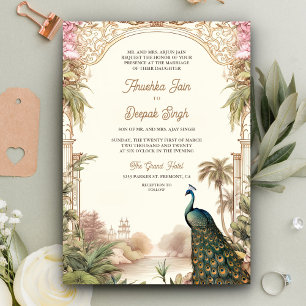 Elegante Vintage-Pfauen-Garten-Indische-Hochzeit Einladung