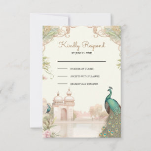 Elegante Vintage-Pfauen-Indien-Palast-Hochzeit RSVP Karte