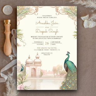 Elegante Vintage-Pfauen-Indische-Palast-Hochzeit Einladung