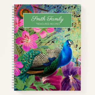 Elegante Vintage Pfauenfamilien Rezepte Notizbuch