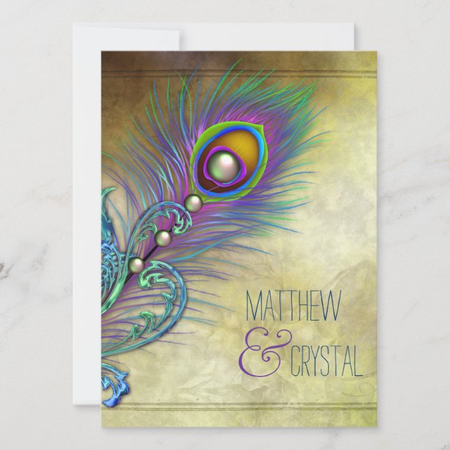 Elegante Vintage Pfauenhochzeit Einladung (Vorderseite)