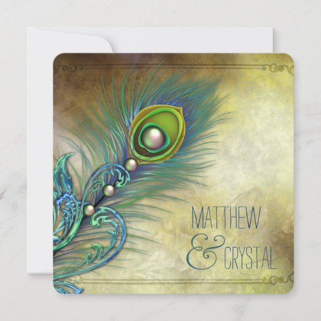 Elegante Vintage Pfauenhochzeit Einladung (Vorderseite)
