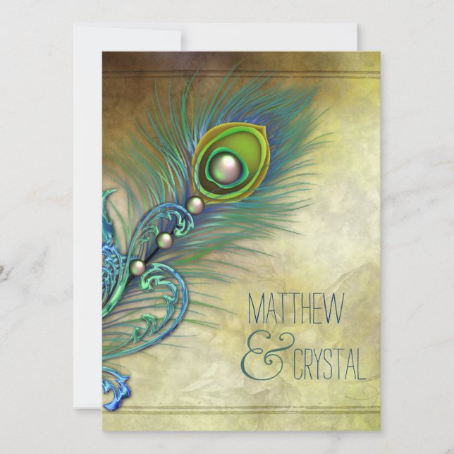 Elegante Vintage Pfauenhochzeit Einladung (Vorderseite)