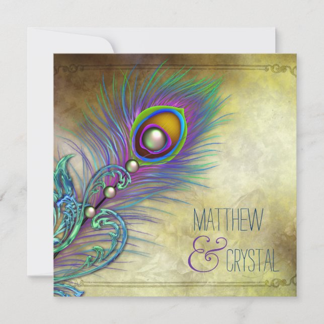Elegante Vintage Pfauenhochzeit Einladung (Vorderseite)