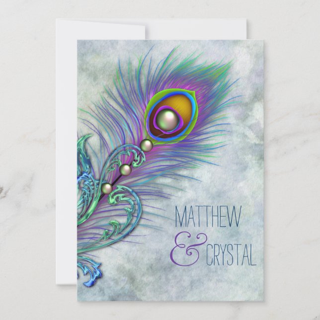 Elegante Vintage Pfauenhochzeit Einladung (Vorderseite)
