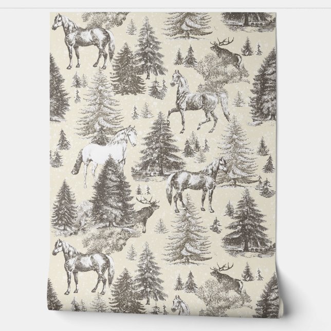 Elegante Vintage Pferde in Schneewaldtoile Tapete (Abrollen)
