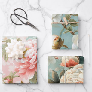 Elegante Vintage-Pfingstrose Pastell Blumen Gesche Geschenkpapier Set