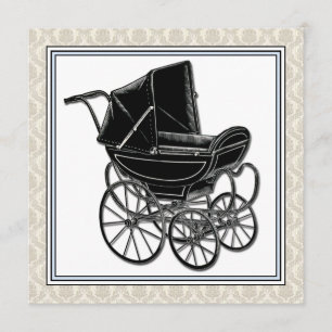 Elegante Vintage Pram Beige Damask Kinderdusche Einladung