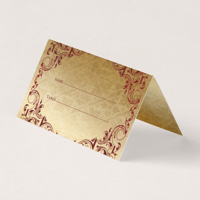 Elegante Vintage Red Gold Table Platzkarten (Vorderseite)