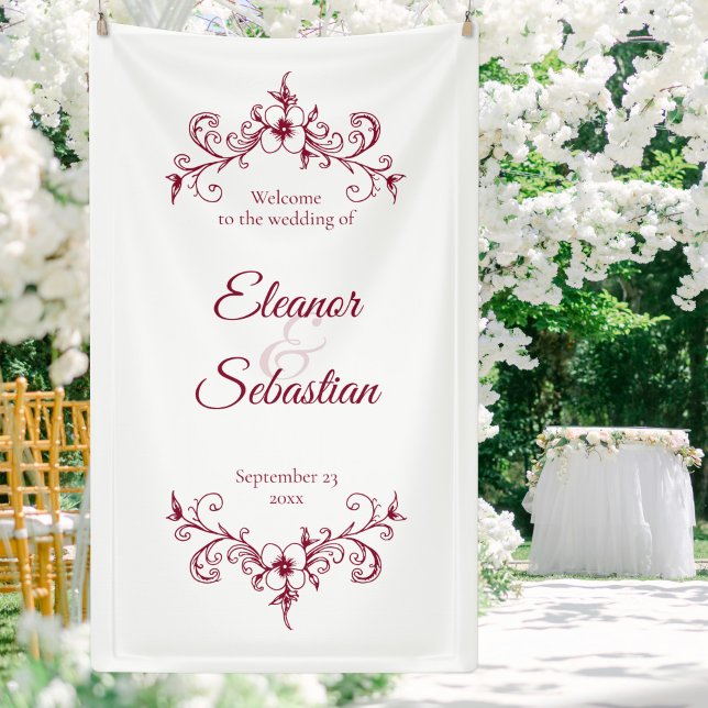 Elegante Vintage Romance Burgundy Wedding Willkomm Banner (Von Creator hochgeladen)